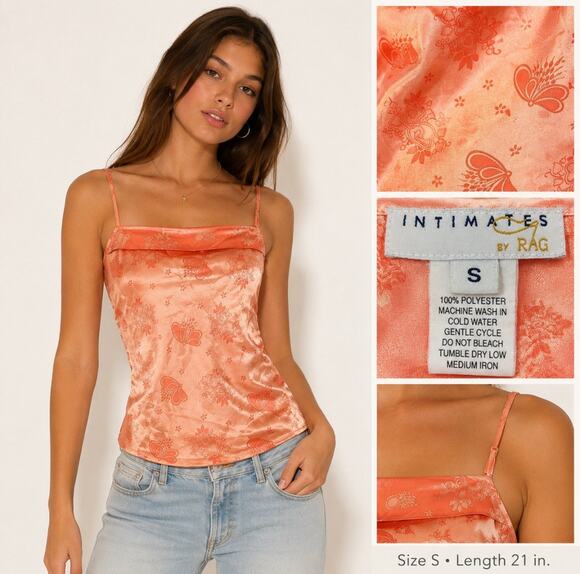 Intimates by Rag Tops - Y2K 2000s Coquette Intimates by Rag Satin Cami Top Size S Coral Peach Floral